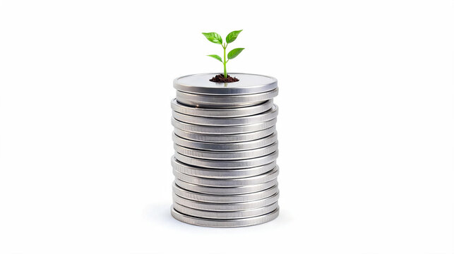 Money growth, investment concept, financial success, plant on coins, savings growth, profit, business development, money plant, wealth creation, cash stack, income, finance, economy, capital, gain.