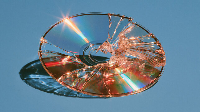 Concept of broken physical media with a squeezed compact disc; concept that CDs and DVDs are dying out.