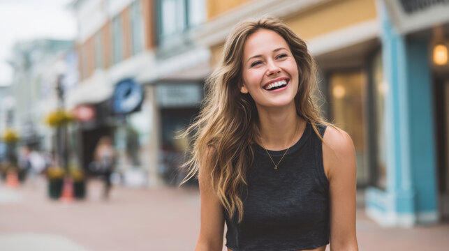 Happy young woman laughing while walking along a vibrant city street enjoying an urban lifestyle on a sunny day