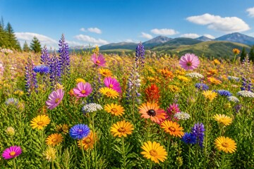 Obraz premium Wildflower meadow blooming under clear mountain sky landscape