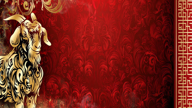 chinese new year card, Chinese New Year, year of the goat. Chinese goat on a red background, with copy space 2027