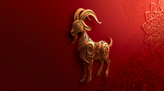 chinese new year card, Chinese New Year, year of the goat. Chinese goat on a red background, with copy space 2027