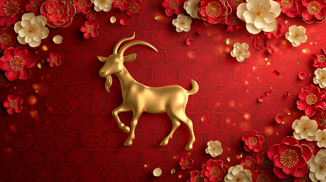 chinese new year card, Chinese New Year, year of the goat. Chinese goat on a red background, with copy space 2027