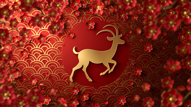 chinese new year card, Chinese New Year, year of the goat. Chinese goat on a red background, with copy space 2027