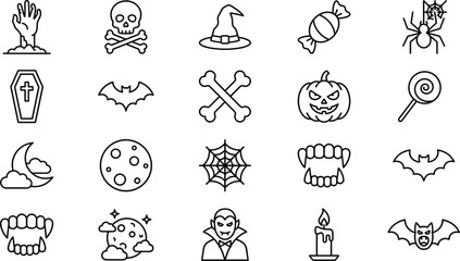 Fototapeta premium Halloween Line Icons Set with Pumpkin Bat Skull Spider Vampire and Witch Hat Vector Collection