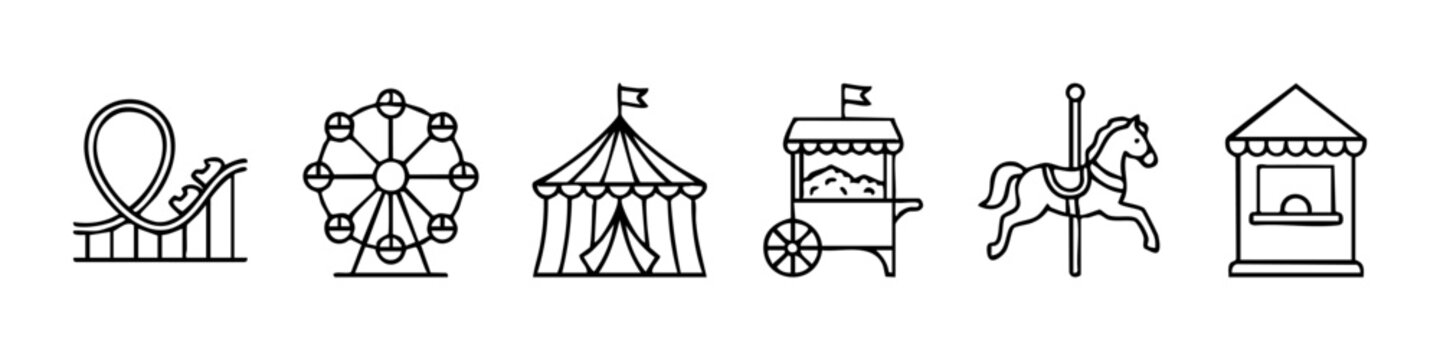 Set of minimalist amusement park line icons including a roller coaster, ferris wheel, circus tent, popcorn cart, carousel horse, and ticket booth. Perfect for carnival and fairground design themes.