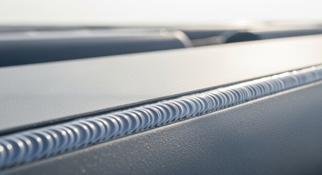 Close shot of weld bead formed by ultrasonic welding on pontoon surface designed for solar farm buoyancy.