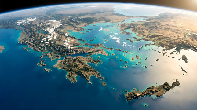 Satellite view of greece and the aegean sea from space showing the mediterranean coastline and islands