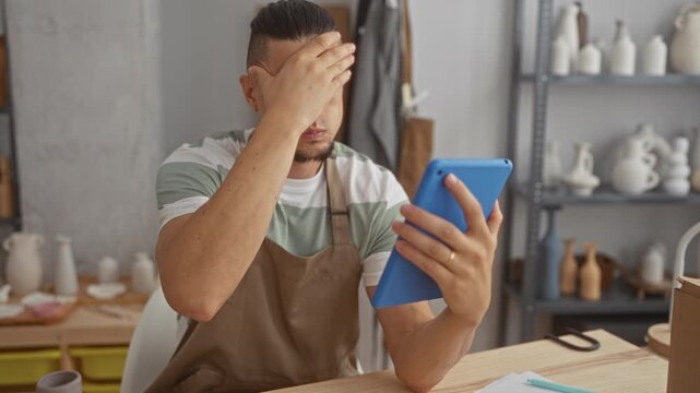 Man potter in studio wearing apron holds blue tablet and presses hand to forehead while seated at workbench among clay vessels; creative frustration.