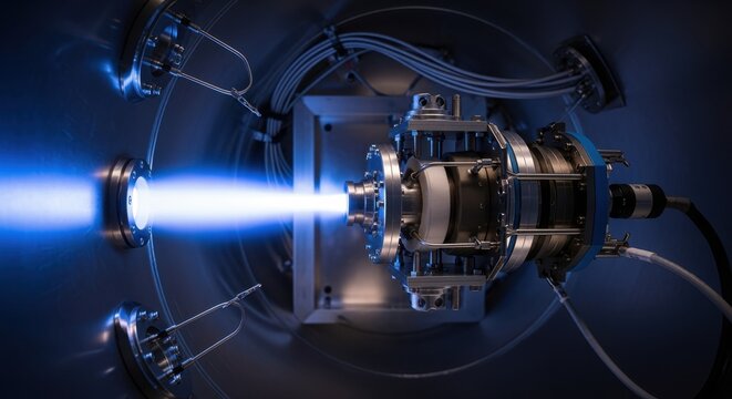 Vacuum chamber interior illuminated by the bright discharge of a satellite ion thruster demonstrating thrust generation principles.