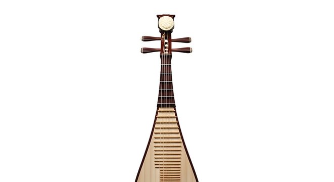 Traditional chinese pipa string instrument neck and headstock isolated against white background