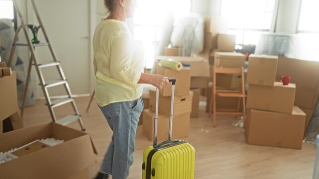 Woman pulling yellow suitcase among packed cardboard boxes and ladders inside a building; fresh start hope.