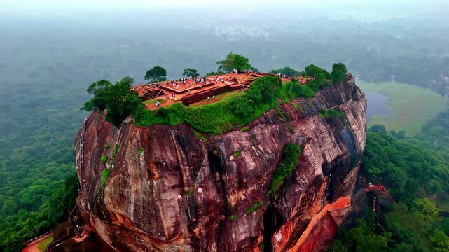 Aerial view of the ancient Sigiriya Rock Fortress rising above the lush green jungle canopy with visitors exploring the historic ruins on the summit in Sri Lanka.