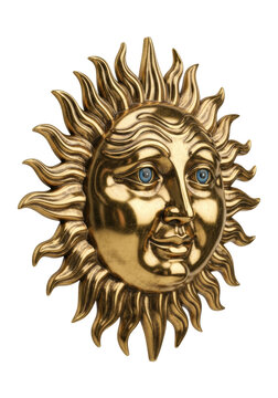 highly detailed vintage anthropomorphic sun face wall plaque sculpture. antique gold metal, art deco rays, azure eyes, benevolent smile. isolated on white studio background, concept of vintage