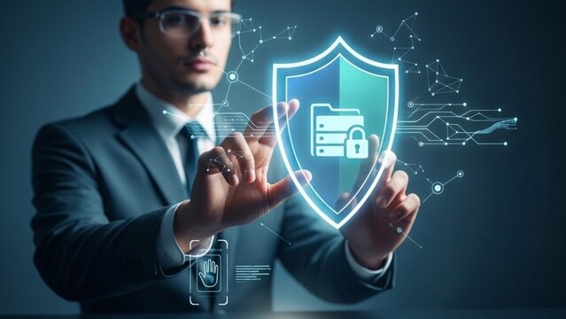 Cyber security professional protecting digital data storage folder with holographic shield interface and encryption lock technology