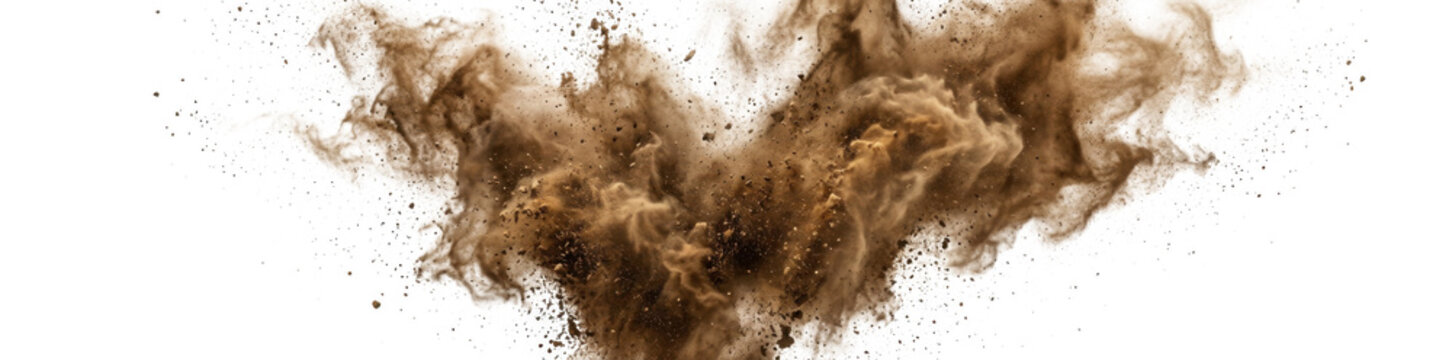 Brown soil exploding outwards with dramatic motion during a powerful impact against a bright surface