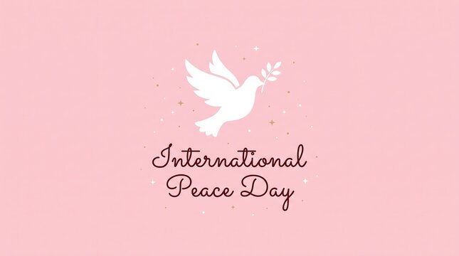 International peace day greeting card design with a white dove on a soft pink background