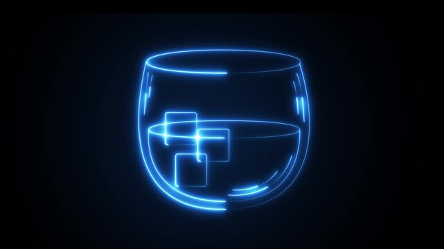 Glowing Neon Whiskey Glass with Ice Cubes Icon Animation, Animated Cocktail and Bourbon Shot Graphic Overlay for Bar, Nightclub, Lounge, and Party Video..