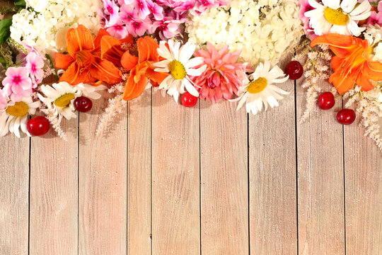 Advertising banner featuring beautiful garden flowers, chamomile, hydrangea, phlox, cherry blossoms and lilies, sunny summer postcard. Abstract floral composition and concept of elegant beauty,