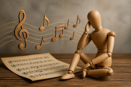 Wooden mannequin pondering sheet music on wooden surface