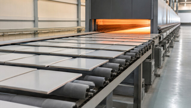 Ceramic tile moving along conveyor belt into industrial kiln. Automated manufacturing process of flooring materials. Professional factory production line for construction industry element.