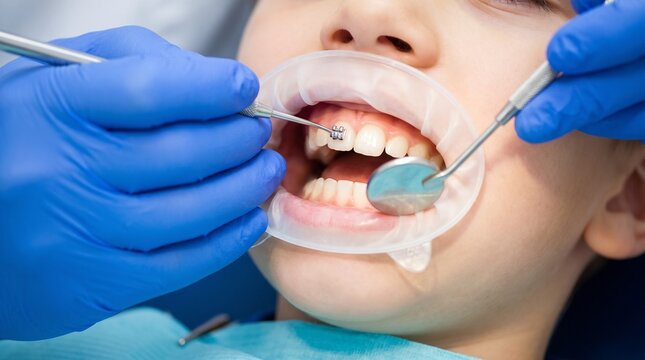 Orthodontics. Close-up of a dental specialist bonding a metal bracket to a child&rsquo;s upper front tooth during braces installation