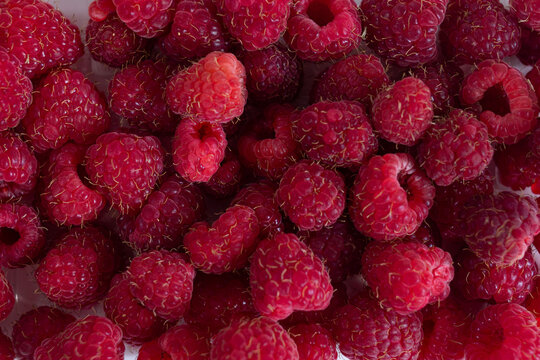 Top view of fresh ripe raspberries filling the entire frame, highlighting vibrant red color, juicy texture, natural freshness, healthy nutrition and abundant seasonal berry harvest