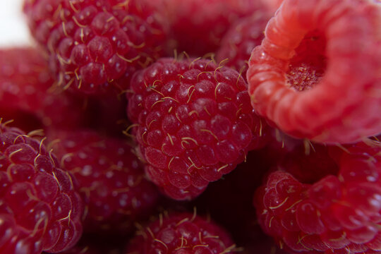 Macro view of ripe red raspberries with detailed drupelets and fine hairs, highlighting juicy texture, natural freshness, healthy nutrition and vibrant seasonal berry produce food