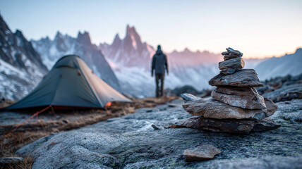 Fototapeta premium Serene Summit: Mountain Camping at Dawn