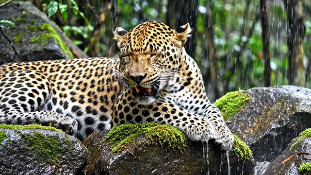 Majestic leopard resting on wet mossy rocks in tropical jungle rain, close up view of spotted fur and wild cat profile against falling water and lush greenery.