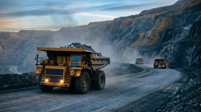 Heavy mining dump trucks driving on a road in an open pit mine