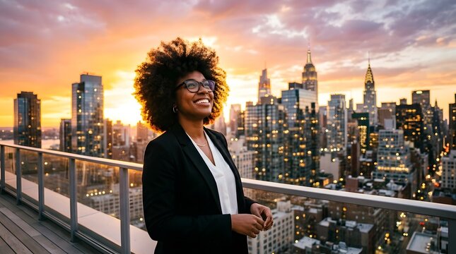 Professional woman standing on a rooftop overlooking new york city
