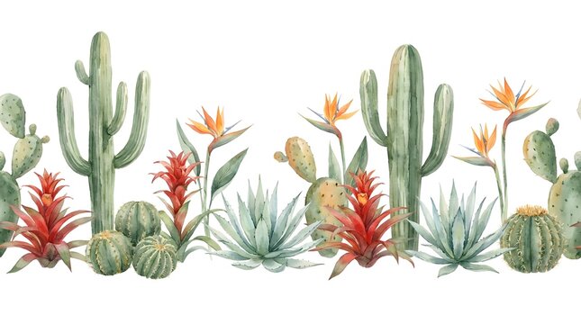 Watercolor seamless border with desert cacti and tropical flowers
