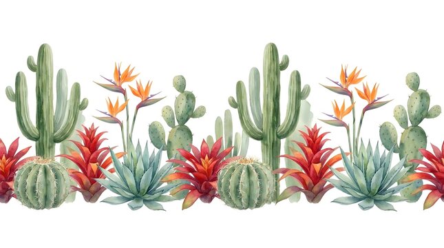Watercolor seamless border with desert cacti and tropical flowers