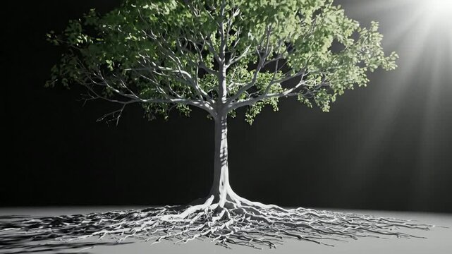 3 d render of tree with exposed roots and glowing sunlight on black background, nature 3d render, digital growth