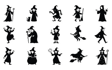 Fototapeta premium Collection of various black silhouette witch halloween vector elements for spooky holiday design and creative graphic projects