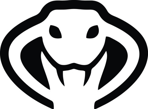 Cobra snake head vector logo, minimalist black and white king cobra mascot, aggressive serpent icon with fangs for gaming and sports branding