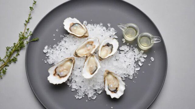 A plate of six freshly opened oysters served in a rock salt bed alongside two small containers of lemon juice.