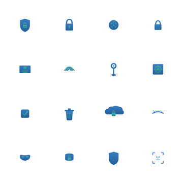Data privacy icon set - 16 blue and teal duotone vector icons. Data shield, padlock, cookie consent, encryption, fingerprint, GDPR, secure cloud and more symmetric flat security icons, isolated.