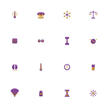Menopause icon set - 16 plum and gold duotone vector icons. Hot flash, night sweats, hormone molecule, HRT, bone health, mood balance, sleep and more symmetric flat medical icons, isolated.