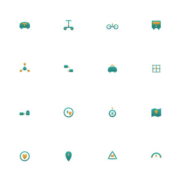 E-mobility icon set - 16 teal and amber duotone vector icons. Electric car, e-scooter, e-bike, electric bus, charging network, autonomous, smart grid and more symmetric flat transport icons, isolated.