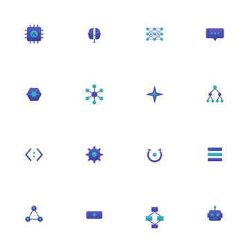 AI agent icon set - 16 indigo and cyan duotone vector icons. AI chip, neural network, chatbot, agent, orchestration, prompt, workflow and more symmetric flat technology icons, isolated.