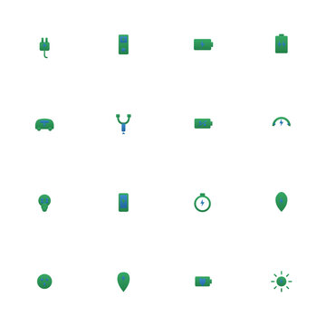 EV charging icon set - 16 green and blue duotone vector icons. Charging plug, station, battery, fast charging, electric car, connector, energy meter and more symmetric flat electric icons, isolated.