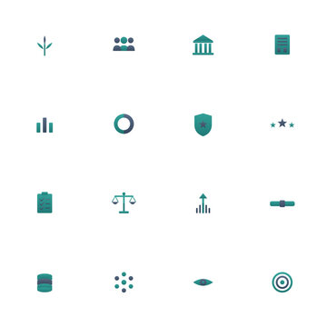 ESG icon set - 16 teal and slate duotone vector icons. Environment, social, governance, report, chart, compliance, rating, stakeholder and more symmetric flat corporate icons, isolated.
