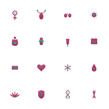 Women's health icon set - 16 berry and teal duotone vector icons. Female symbol, uterus, ovaries, ovulation, pregnancy, menstrual cup, cycle calendar, DNA and more symmetric flat medical icons.