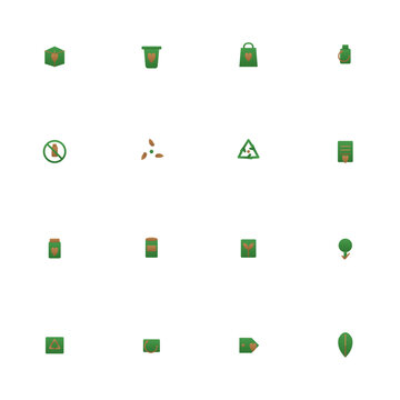 Sustainable packaging icon set - 16 green and kraft duotone vector icons. Eco box, compostable, kraft bag, refillable, plastic-free, recycled, glass jar and more symmetric flat eco icons, isolated.