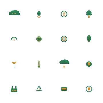 Carbon footprint icon set - 16 green and amber duotone vector icons. CO2 cloud, footprint, net zero, tree, emissions gauge, recycle, carbon credit and more symmetric flat climate icons, isolated.