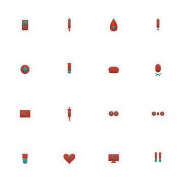 Diabetes icon set - 16 red and teal duotone vector icons. Glucose meter, insulin pen, blood sugar, lancet, CGM sensor, A1c test, syringe and more symmetric flat medical icons, isolated.