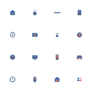Aging in place icon set - 16 blue and coral duotone vector icons. Smart home, medical alert, grab bar, medication reminder, video call, fall sensor and more symmetric flat senior living icons.