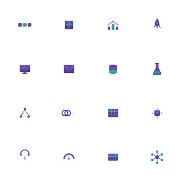MLOps icon set - 16 violet and teal duotone vector icons. ML pipeline, model, training, deploy, monitoring, drift, registry, CI/CD and more symmetric flat machine learning icons, isolated.